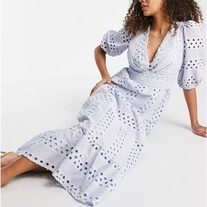 ASOS DESIGN PREMIUM PLUNGE BRODERIE TIERED MIDI DRESS WITH BUTTON NECK WITH